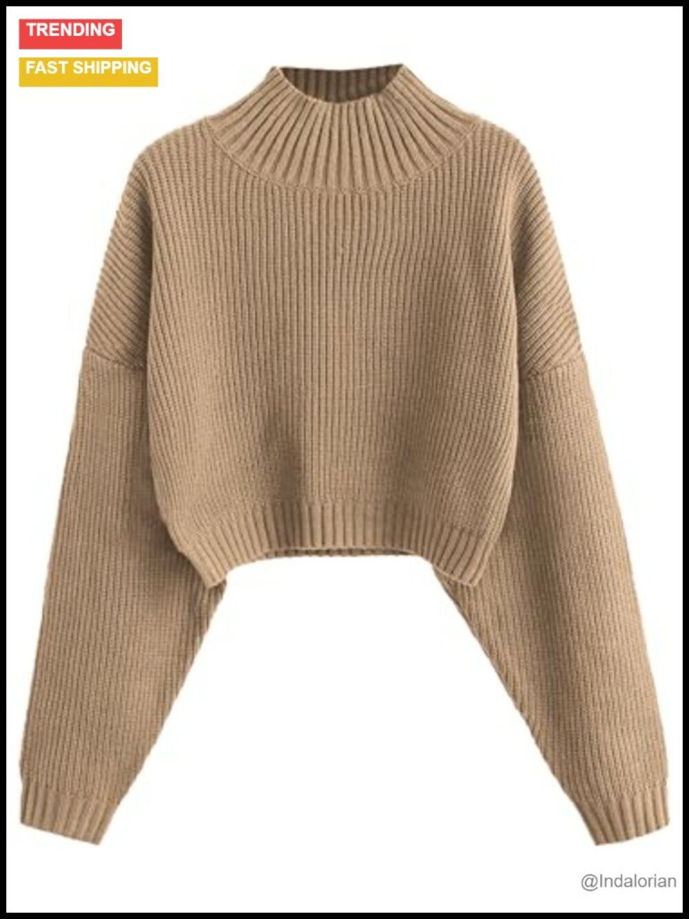 Cropped Turtleneck Sweater Lantern Sleeve Ribbed Knit Pullover